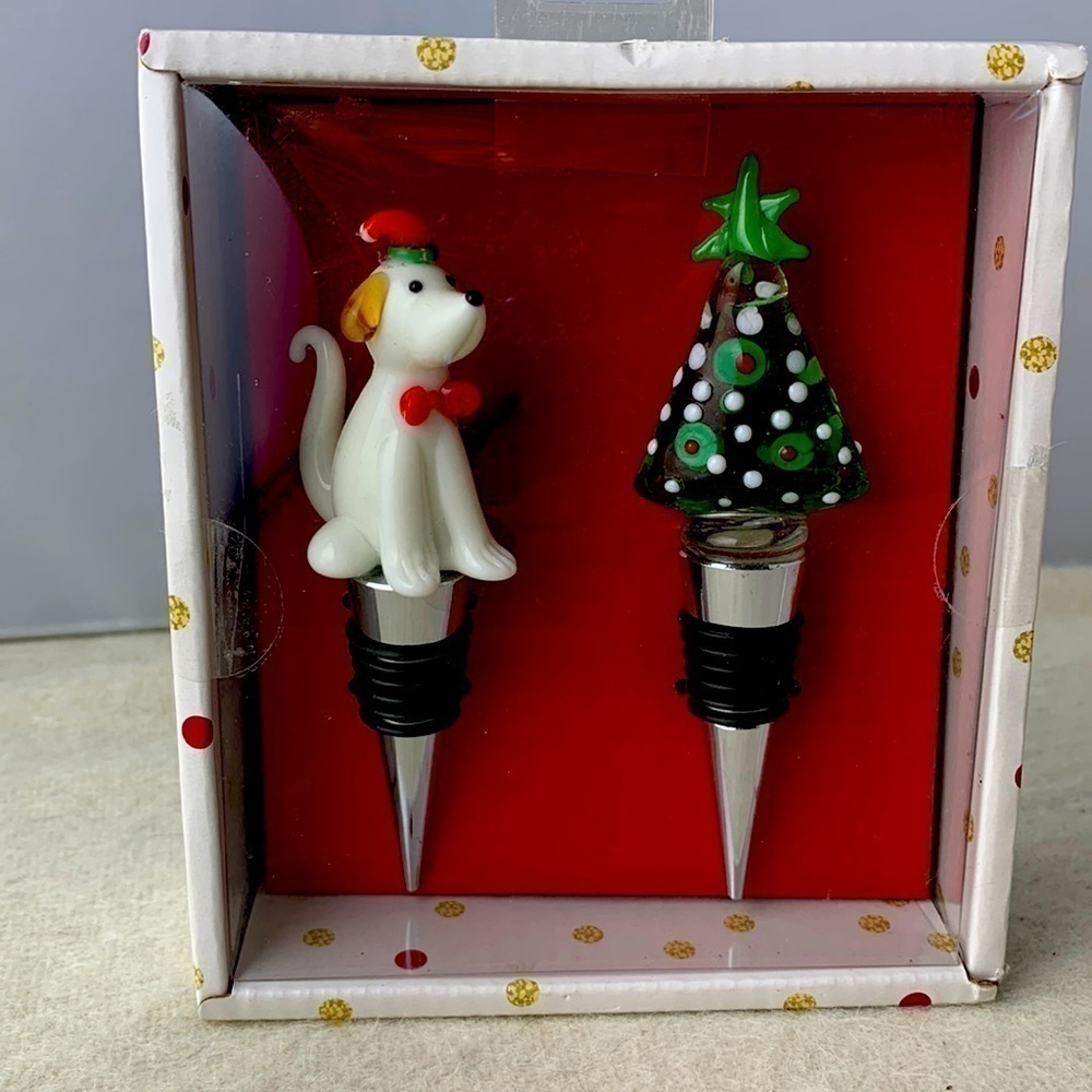 Boston Warehouse Art Glass Bottle Stoppers handmade dog and Christmas tree